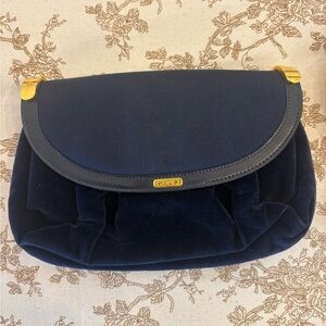 Vintage Gucci Midnight Blue Velvet Clutch Gold Hardware
